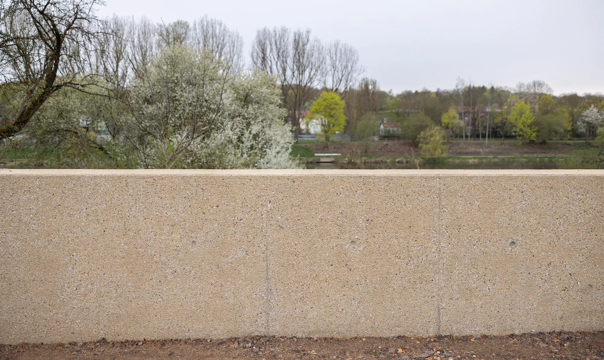 Massive Hochwasserschutzmauer aus grobem Waschbeton, die den Blick auf den Fluss und die dahinterliegende Auenlandschaft fast vollständig abriegelt; oben ragen Frühlingsbäume mit weißer Blüte und frischem Grün hervor, davor ein Streifen nackter Erde unter grauem Himmel.