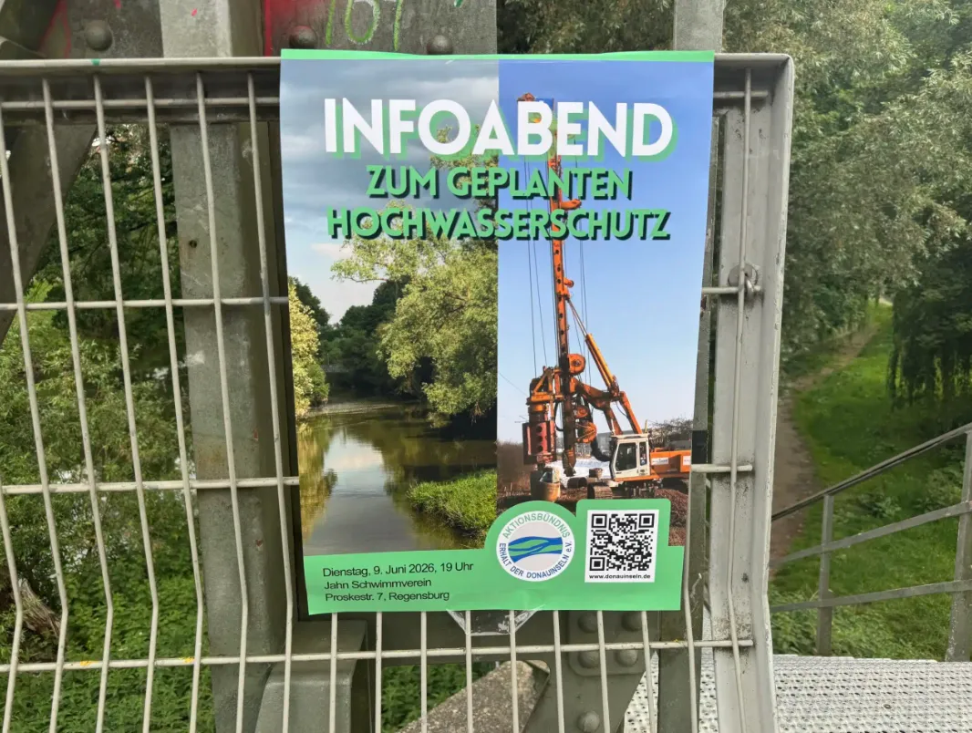 Die neue Hochwasserschutzmauer aus Beton in Nahaufnahme, dahinter Bäume und die Donau