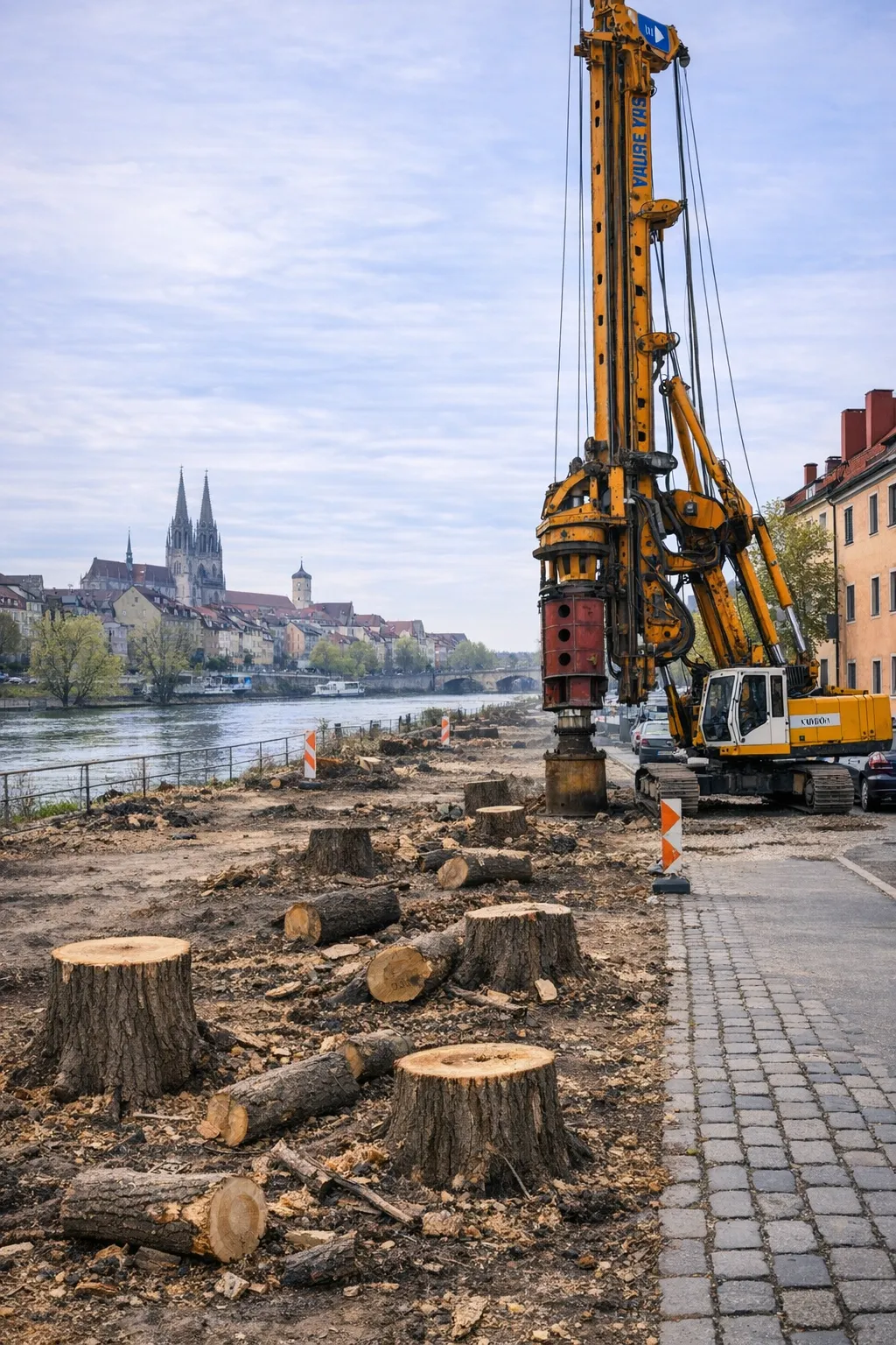 KI-Visualisierung: Großes Bohrgerät und Reihen frisch gefällter Baumstümpfe am gepflasterten Donauufer in Regensburg; im Hintergrund Dom und Altstadtsilhouette.